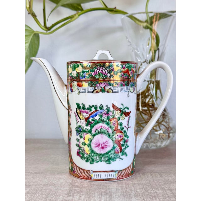 White Vintage Lotus Bloom Famille Rose With Gilded Accents Hand Painted Canton-Guangcai Porcelain Chinese Tea Pot For Sale - Image 8 of 12