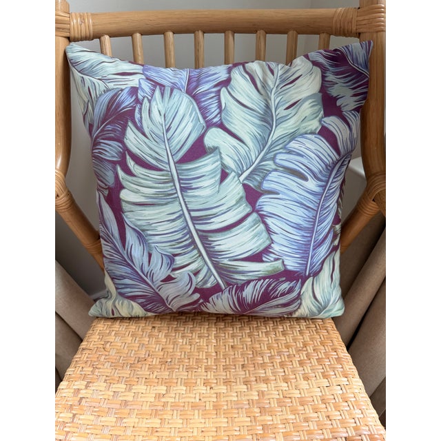 Textile Tropical Palm Leaf Feather-Down Pillow in Berry, Lilac & Sage 18” X 18” For Sale - Image 7 of 8