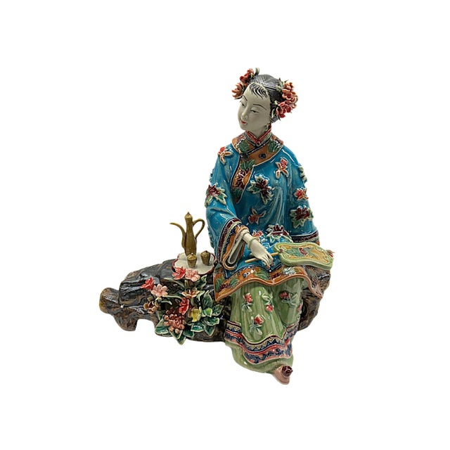 Chinese Porcelain Qing Style Dressing Drinking Tea Lady Figure For Sale - Image 4 of 5