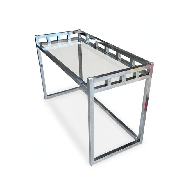 Willy Rizzo 1970s Willy Rizzo–Style Chrome & Glass Writing Desk | Geometric Hollywood Regency Console Table For Sale - Image 4 of 13