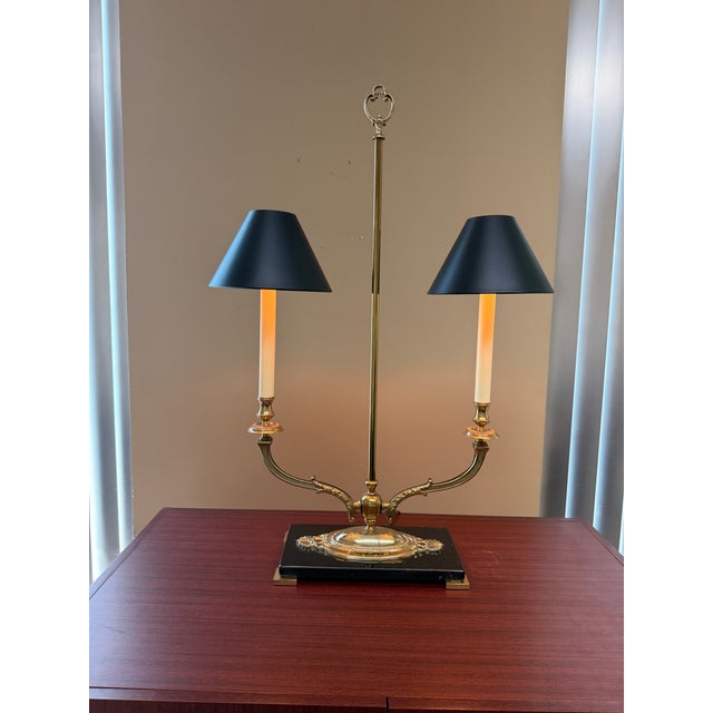 2000 - 2009 Haig Solid Brass Two-Light Bouillotte Table Lamp With Black Shades & Marble Base For Sale - Image 5 of 5