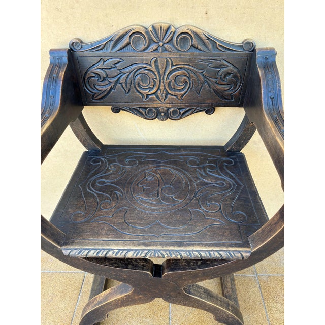Wood Pair of Spanish Renaissance Revival Carved Savonarola Chairs, Early 20th Century For Sale - Image 7 of 10