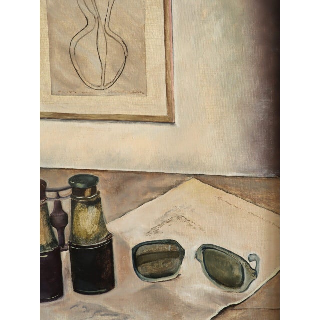 1974 Modernist 'Still Life With Binoculars' Vintage Original Interior Oil Painting, Framed For Sale - Image 10 of 11