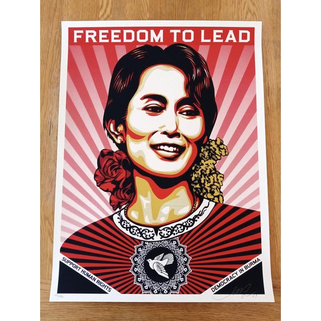 Shepard Fairey (Obey) Freedom to Lead (Aung San Suu Kyi) Screenprint on cream Speckletone paper. Signed by Shepard Fairey....
