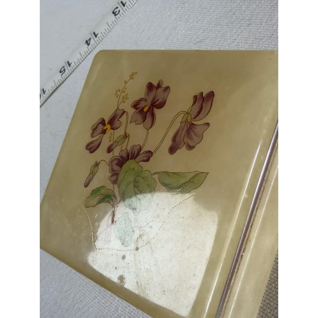Vintage Alabaster Trinket Box Cream Floral Violet Italy Square Stone For Sale - Image 4 of 16