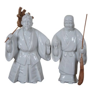 Mid 20th Century 2 Vintage Japanese White Porcelain Jo Uba Takasago Figurines Blanc De Chine 8" - Set of 2 For Sale