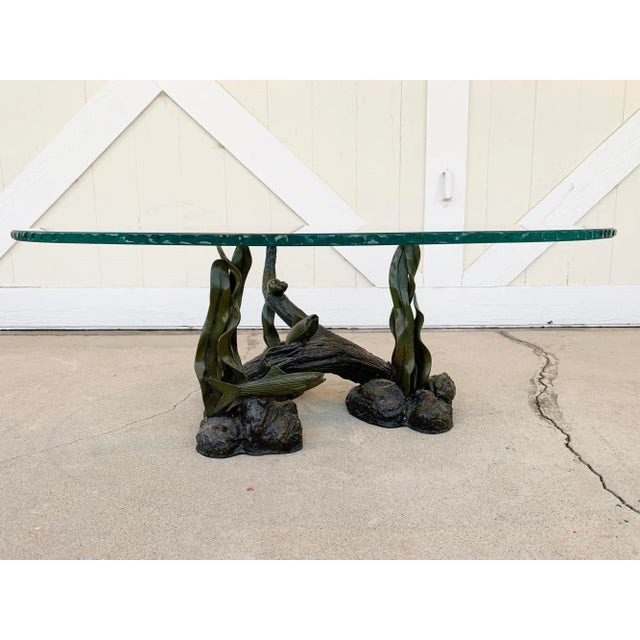 Mid-Century Modern 1980s Sculpted Bronze Sea Creatures Coffee Table With a Chiseled Glass Top For Sale - Image 3 of 13