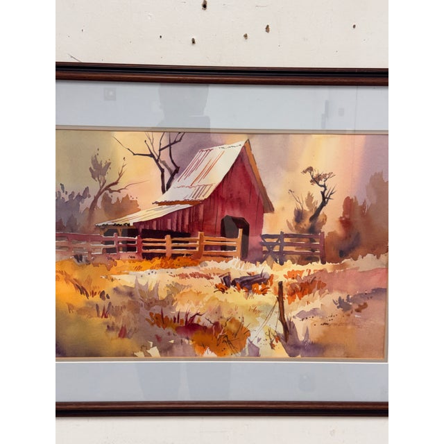 Red Naomi Brotherton Red Barn Framed Watercolor, Circa 1992 For Sale - Image 8 of 11