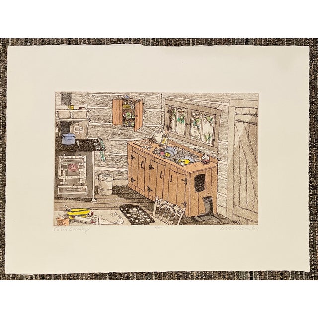 Leslie Goodall Cabin Cooking Color Etching For Sale - Image 4 of 4