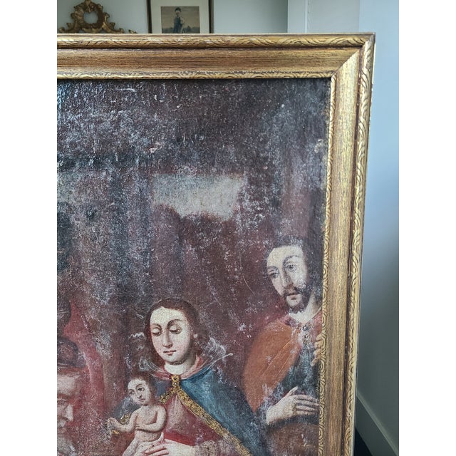 Textile Antique 18th Century Religious Cuzco Oil Painting the Adoration of the Magi For Sale - Image 7 of 18