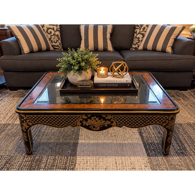 Chinoiserie 1980s Drexel Heritage "Et Cetera" Chinoiserie Burlwood & Lacquer Coffee Table For Sale - Image 3 of 4