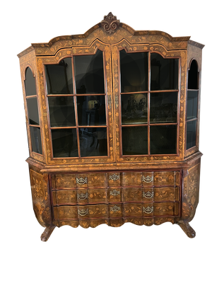 Large Antique Dutch Floral Marquetry Inlaid Display Cabinet in Burr Walnut, 1800