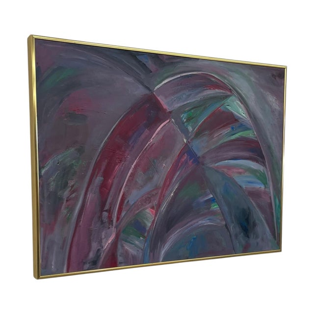 Large vintage abstract expressionist painting featuring sweeping, layered brushstrokes in shades of burgundy, plum,...