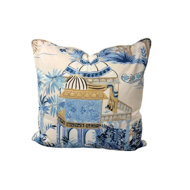 Pair of 22'' Thibaut Chinoiserie-Inspired Blue & Gold Scenic Throw Pillows For Sale - Image 4 of 7