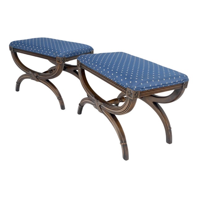 Pair of Carved Regency Style Blue Upholstery Benches MINT For Sale