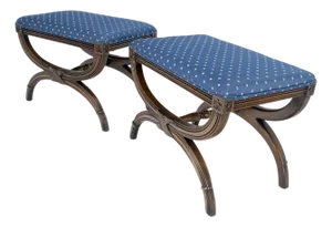 Pair of Carved Regency Style Blue Upholstery Benches MINT