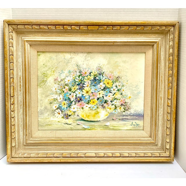 Wood Vintage Daisy Bouquet Framed Original Oil Painting For Sale - Image 7 of 7