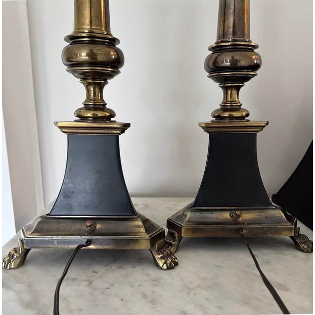 Vintage 1960s Stiffel Neoclassical Style Bronze and Black Enamel Table Lamps - A Pair For Sale - Image 11 of 13