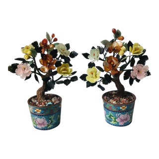 Pair of Vintage Gemstone & Cloisonné Enamel Bonsai Trees – Jade, Agate & Crystal Flowers For Sale