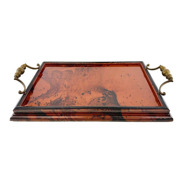 Vintage Italian Faux Tortoiseshell Lacquered Wood Serving Tray With Brass Handles For Sale