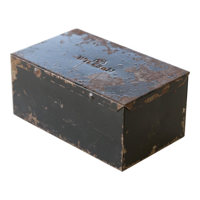 30s Vintage Industrial Metal Steel Tool Box With Rusty Patina and Chipping Black Paint For Sale