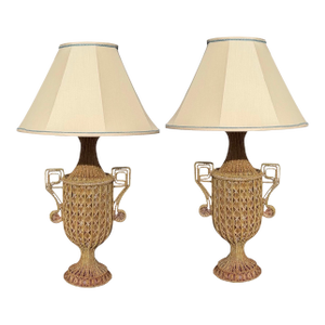 1930’s Hand Beaded Crystal Urn Form Table Lamps - a Pair