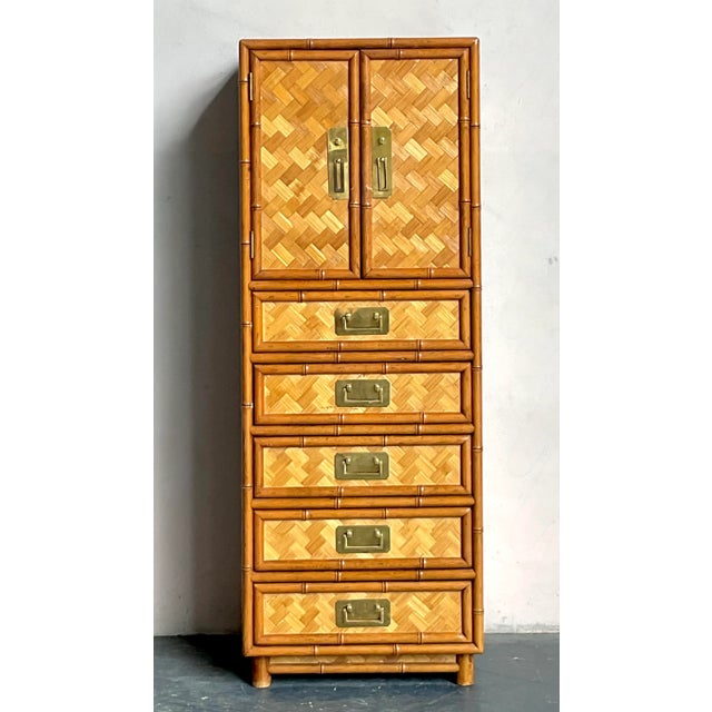 Vintage Boho Parquet Rattan Gentleman’s Chest For Sale - Image 4 of 7