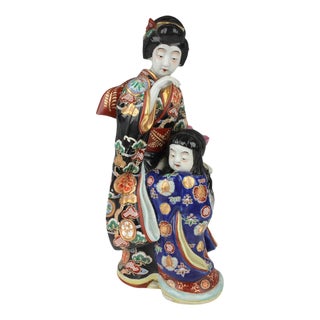 Antique Meiji Japanese Enamelled Kutani Porcelain Bijin and Child Figure For Sale