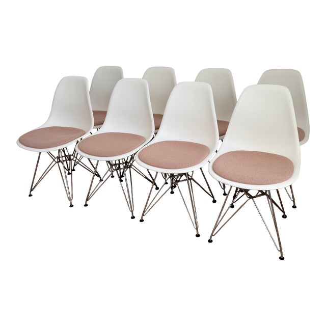 Set of 8 Eames Molded Side Chairs With Pink Pads For Sale