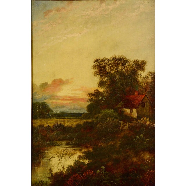 Antique E. Cole Oil on Canvas Sunset Cottage Landscape For Sale In Nashville - Image 6 of 9