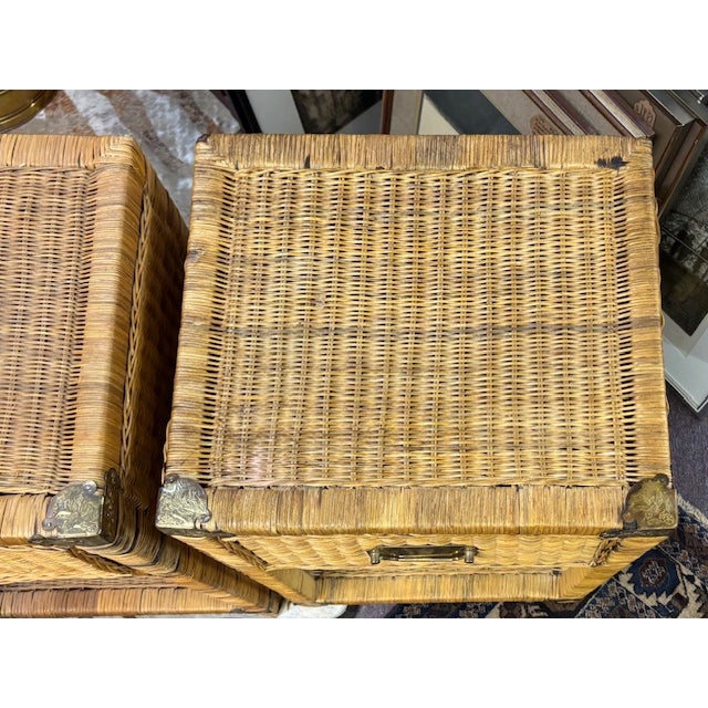 Mid 20th Century Mid Century Campaign Style Wicker Nightstands, End Tables For Sale - Image 5 of 9