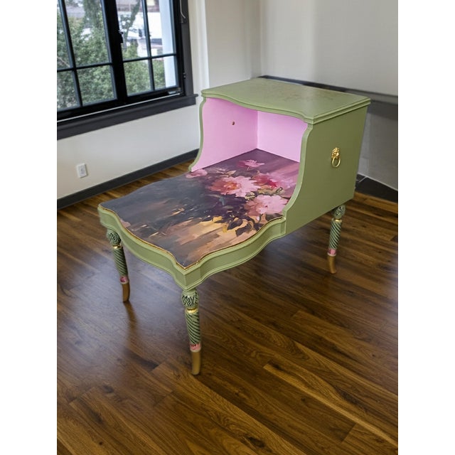Whimsical Cottage Revival Artichoke Green & Peony Tiered Side Table For Sale - Image 12 of 12