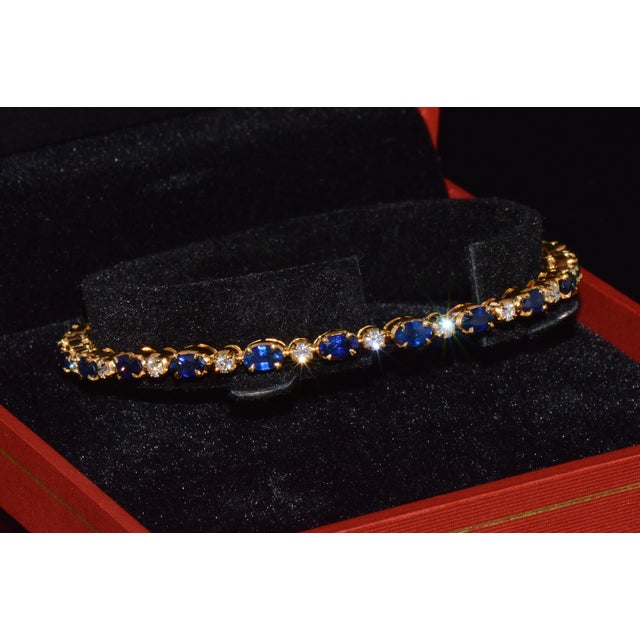 Certified Natural 7ct Blue Sapphire Diamond 18k Gold Tennis Stacking Bracelet For Sale - Image 15 of 16