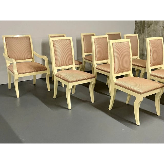 Ron Seff, White Lacquer, Striped Fabric, Ten Modern Dining Chairs, Usa, 1970s For Sale - Image 4 of 13