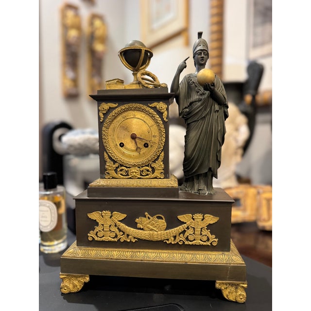 French French Restoration Athena (Minerva) Patinated & Fire-Gilt Bronze Mantel Clock by Louis Alfred Baveux For Sale - Image 3 of 16