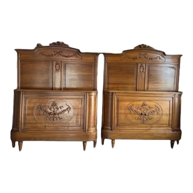 Antique Louis XVI Pair of Walnut Twin Beds Pair Carved Rose & Ribbon Motifs For Sale