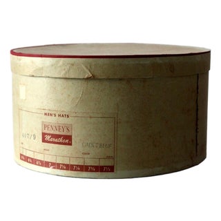 Vintage 1950s Penney’s Marathon Men’s Hat Box Round Storage Box For Sale