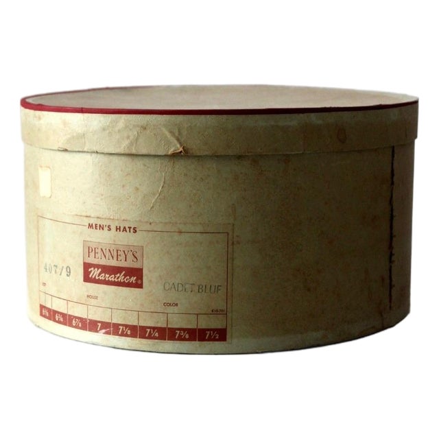Vintage 1950s Penney’s Marathon Men’s Hat Box Round Storage Box For Sale