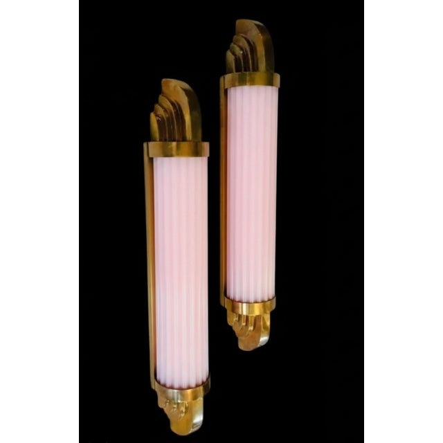 Pair Skyscraper Vintage Art deco light Old Lamp Wall Sconces Fixture Brass & Pink Glass Rod Ship Light Excellent Working...