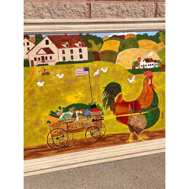 A delightful vintage naive folk art painting on wood of a rooster pulling an "Express" wagon loaded with harvest...