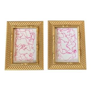 1980s Original Wayne Cunningham Small Abstract Pink Ink Drawings Tabletop Frames-A Pair For Sale