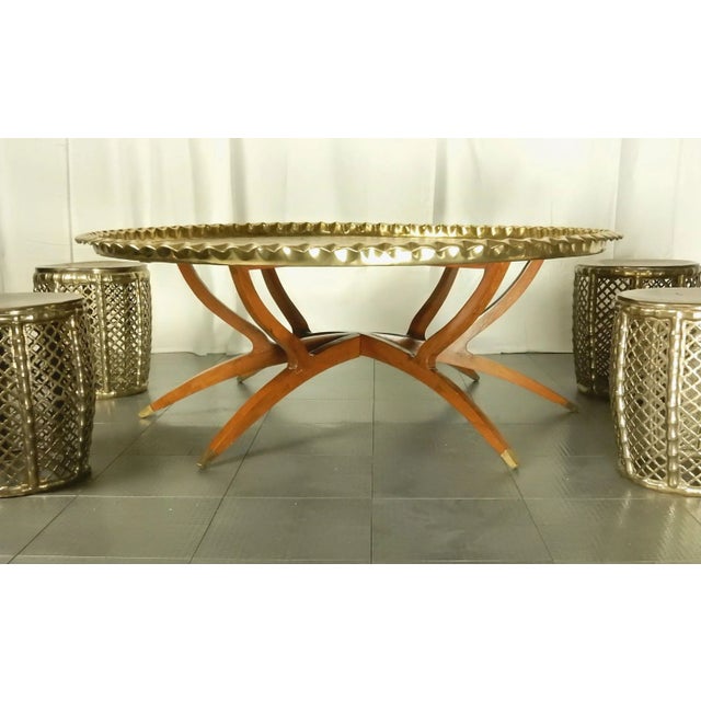 Islamic Moorish Moroccan Hookah Lounge Tooled Brass Tray Coffee Table and 4 Stools - Set of 5 For Sale - Image 3 of 8