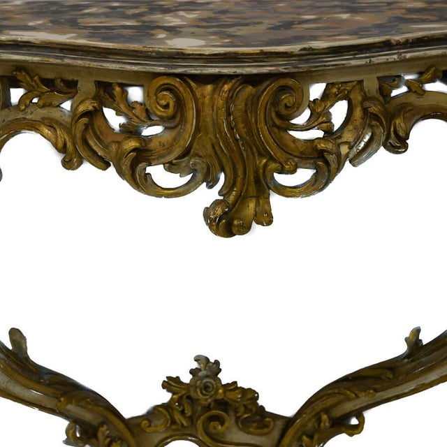 Pair of Louis XV Style Carved Giltwood Wall Mount Console Tables For Sale - Image 4 of 9