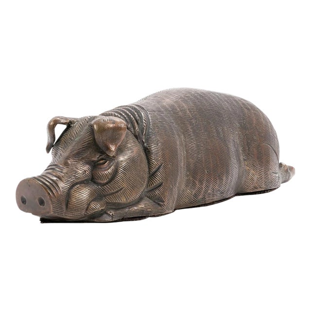 Vintage Large Heavy Cast Bronze Reclining Pig Animal Sculpture, 1980s For Sale