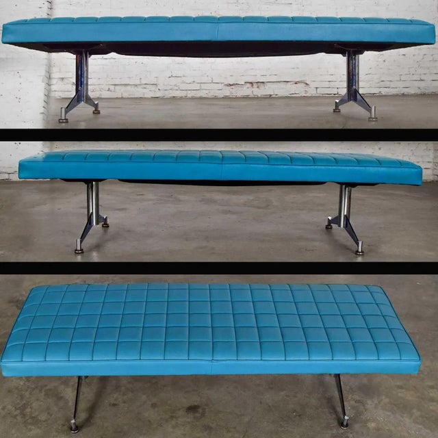Mid 20th Century Bench Daybed Turquoise Vinyl Faux Leather & Chrome After Arthur Umanoff for Madison Furniture Co For Sale - Image 10 of 13
