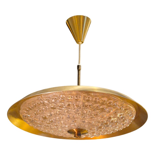 Vintage Swedish Pendant in Brass and Orrefors Glass by Carl Fagerlund, 1890s For Sale