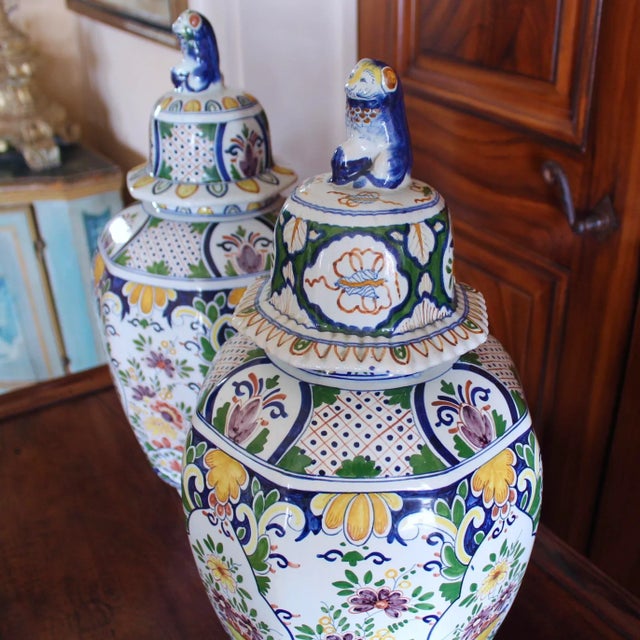 Large Delft Polychrome Covered Jars With Lion Finials- a Pair For Sale - Image 11 of 13