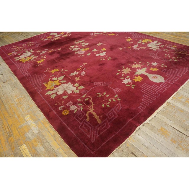 1920s Deep Red Field Floral Greek Key Antique Chinese Art Deco 8'10" X 11'6" Rug For Sale - Image 9 of 9
