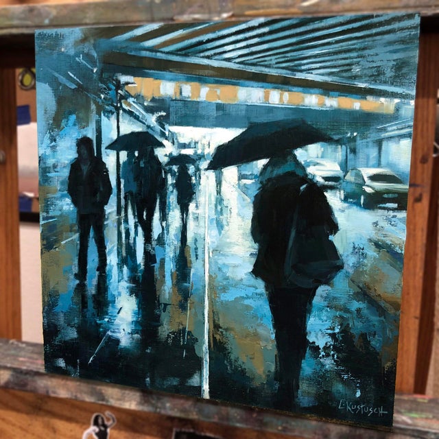 This oil on wood panel artwork captures a rainy day in London, where figures navigate the wet streets, each sheltered...