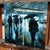 This oil on wood panel artwork captures a rainy day in London, where figures navigate the wet streets, each sheltered...